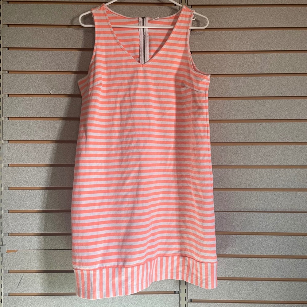 Old Navy Womens Orange White Stripe Shift Dress Size L V Neck Zipper